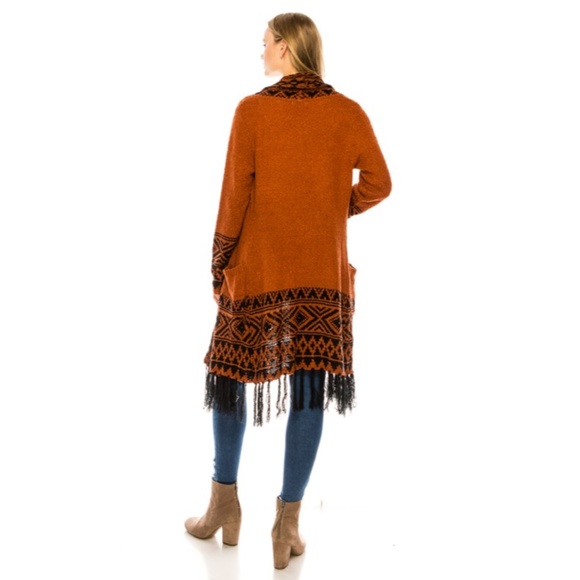 SOLD OUT Rust Black Tribal Open Front Long Knit Cardigan Sweater W/ Fringe - Picture 4 of 4